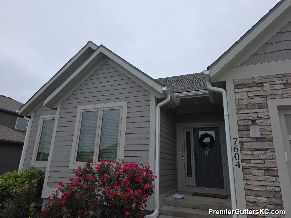 New seamless gutter and downspout installation on newer-build Kansas City home