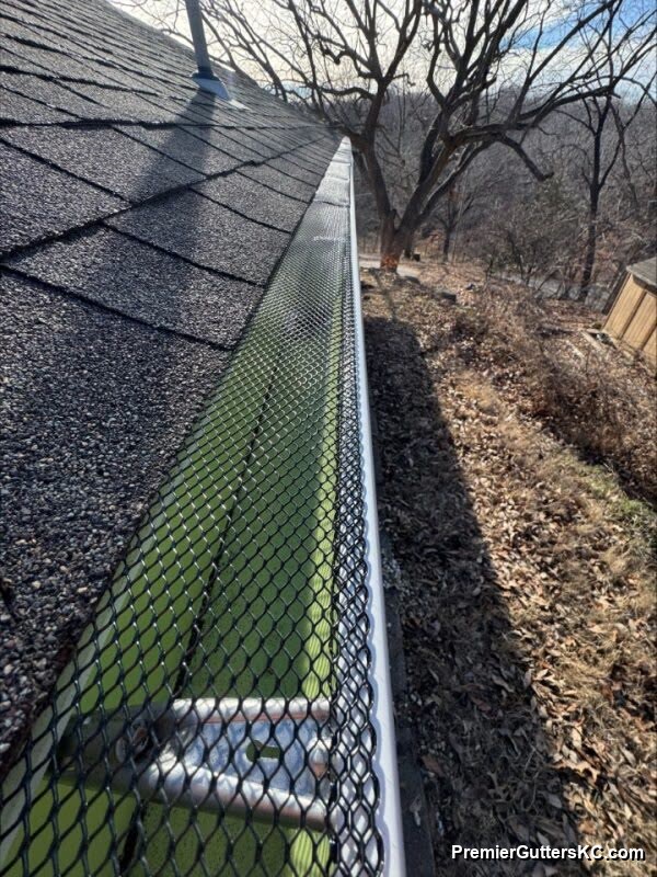 Expanded-metal aluminum mesh gutter guard installed on Kansas City home &mdash; close-up view of seamless gutter with guard