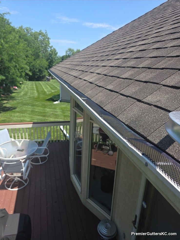 Close-up of black stainless micro-mesh gutter guards installed along a seamless gutter on an architectural-shingle roof, overlooking a backyard deck in the Kansas City metro